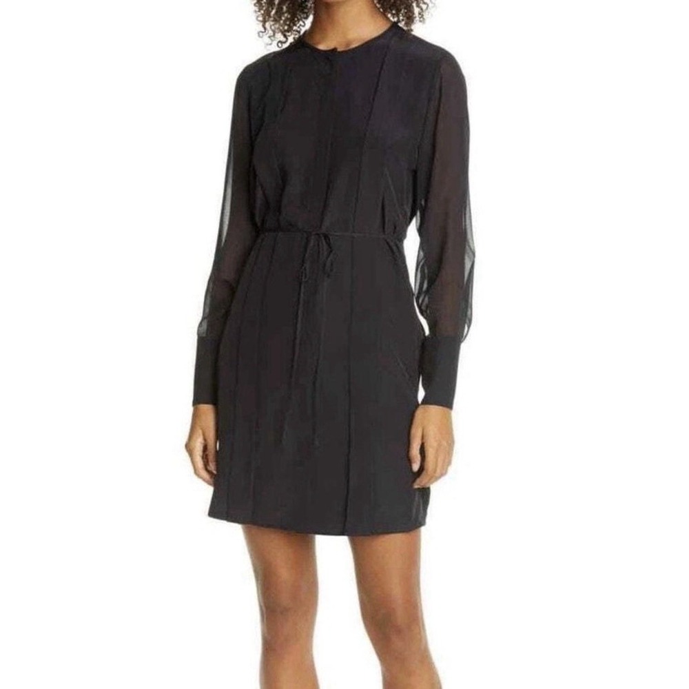 Club Monaco Sheer Long Sleeve Silk Shirtdress black size 0 NWT $229 Belted - Picture 2 of 13